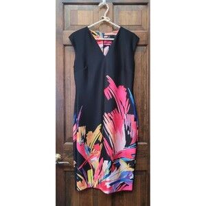 NY & Co Graphic-Print Cap-Sleeve Sheath Dress Women's Medium Black Multi